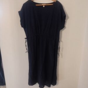 Eileen Fisher Navy/Black Check Midi Dress Organic Linen XL